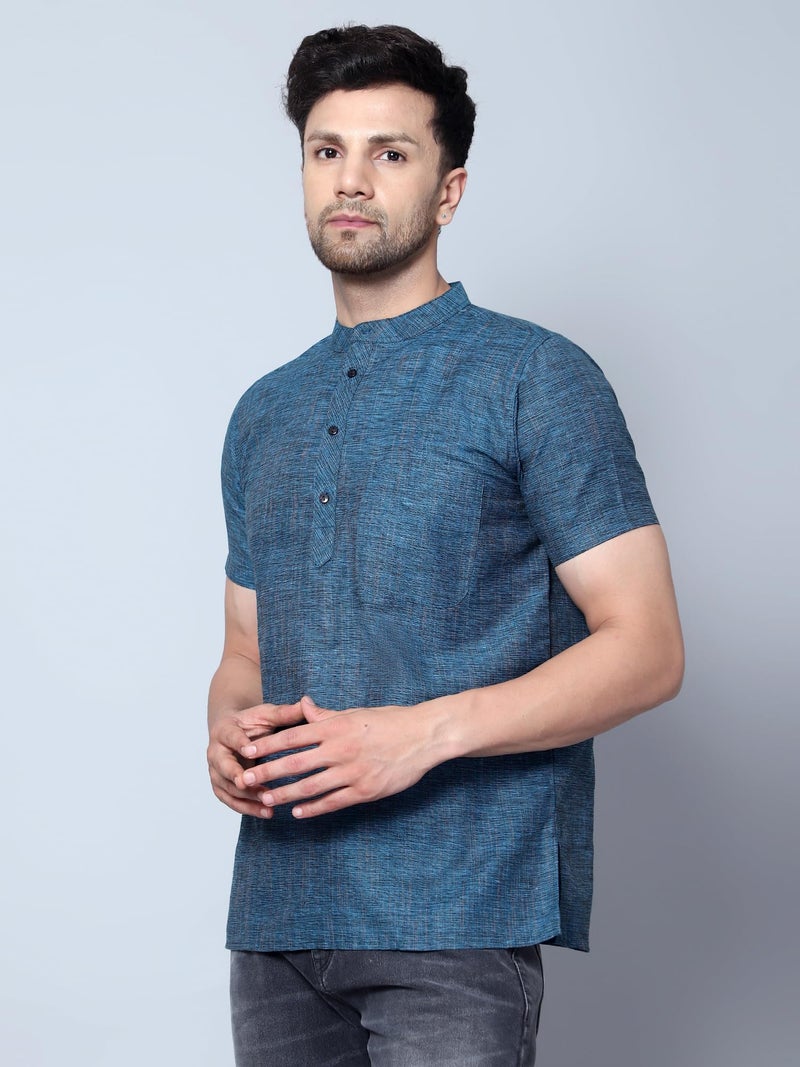 LATEST CHIKAN Men's Cotton Blend Regular Textured Short Kurta Half Sleeves - Casual Ethnic Wear -SK-DBL-F-40 Light Blue - Image 4