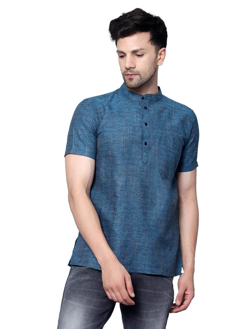 LATEST CHIKAN Men's Cotton Blend Regular Textured Short Kurta Half Sleeves - Casual Ethnic Wear -SK-DBL-F-40 Light Blue - Image 1