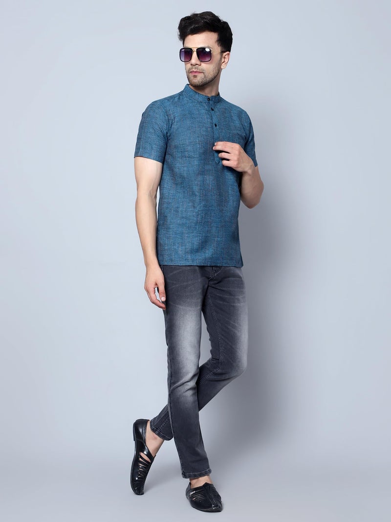 LATEST CHIKAN Men's Cotton Blend Regular Textured Short Kurta Half Sleeves - Casual Ethnic Wear -SK-DBL-F-40 Light Blue - Image 2