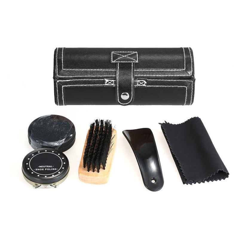6PCS Shoe Polish Care Kit Leather Shoe Shine Set Shoe Brushes Compact Shoe Cleaning Kit with PU Leather Case Black - Image 1