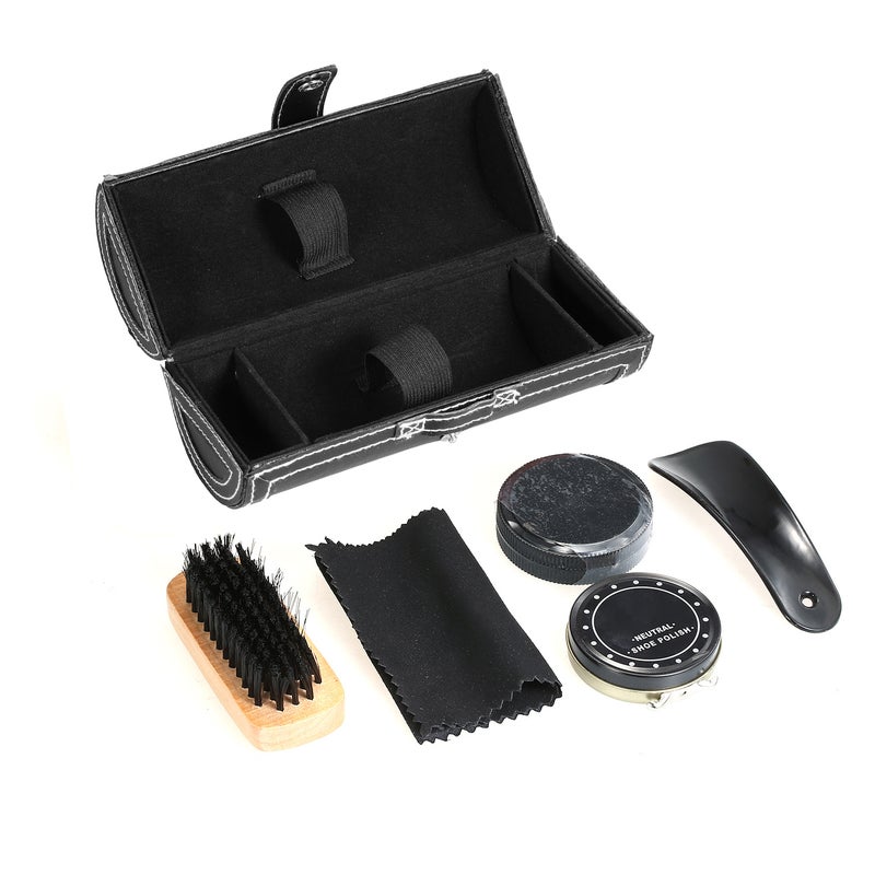 6PCS Shoe Polish Care Kit Leather Shoe Shine Set Shoe Brushes Compact Shoe Cleaning Kit with PU Leather Case Black - Image 4