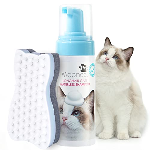 Mooncat Waterless Shampoo & Brush Kit for Longhair Cats | Complete Grooming System for Detangling, Deshedding & Matted Fur | Licking Safe No-Rinse Foam with Gentle Silicone Massager - Made in Taiwan - Image 1