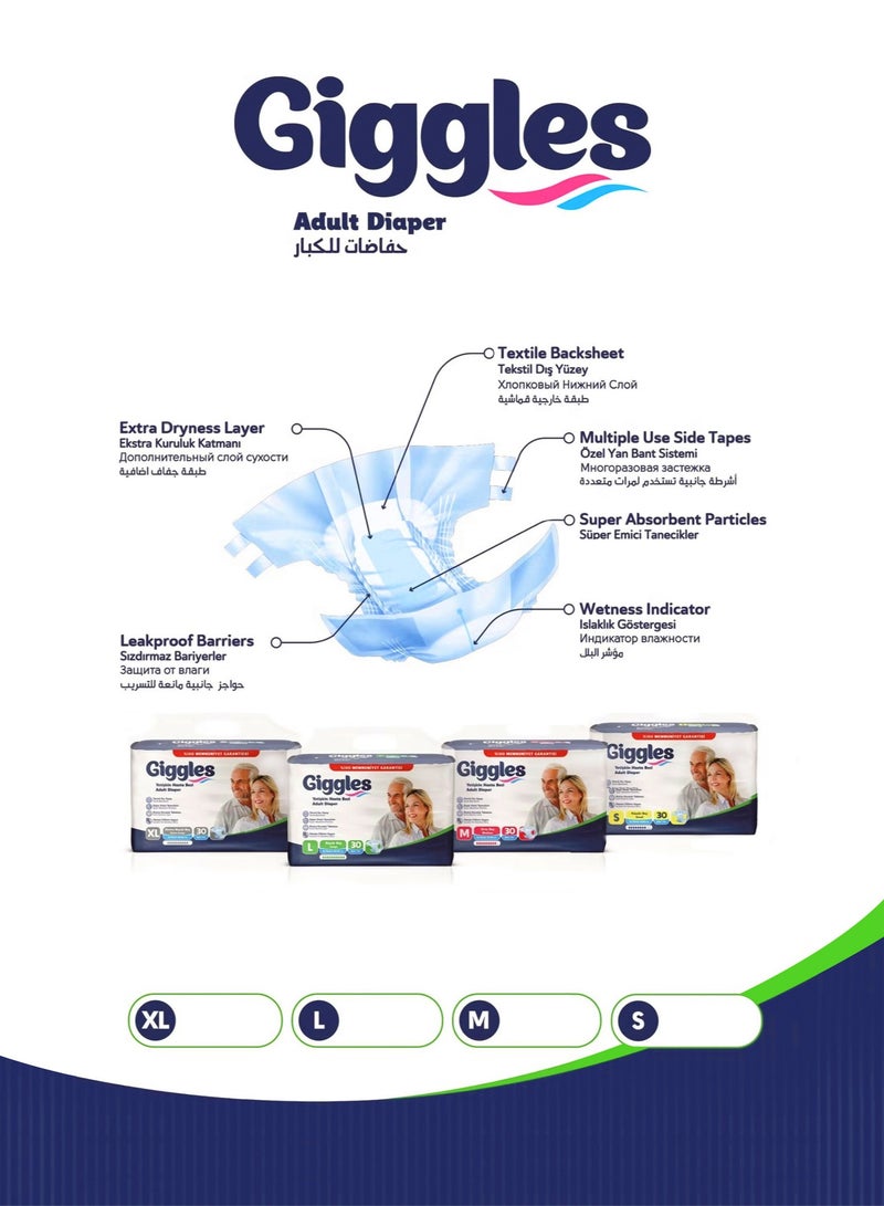 giggles Adult Diaper, Size XL, 30 Count Turkish Made Diaper with Extra Dryness Layer and Wetness Indicator - Image 2
