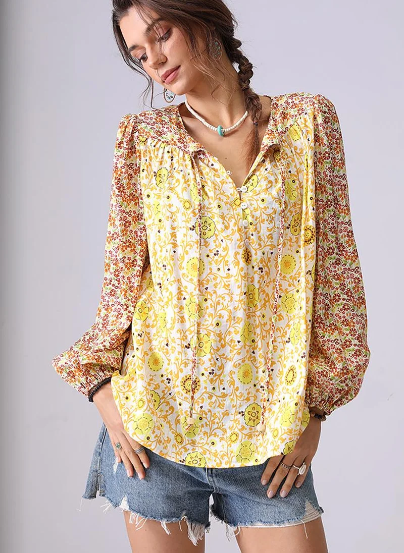 YUNIQEE Yellow V-Neck Long Sleeves Boxy Top