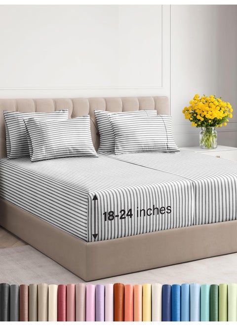 Extra Deep King Sheet Set - 6 Piece Breathable and Cooling Sheets - Hotel Luxury Bed Sheets Set - Easy Fit - Soft  Wrinkle Free and Comfy Sheets Set - Grey Striped Sheet Set with Extra Deep Pockets