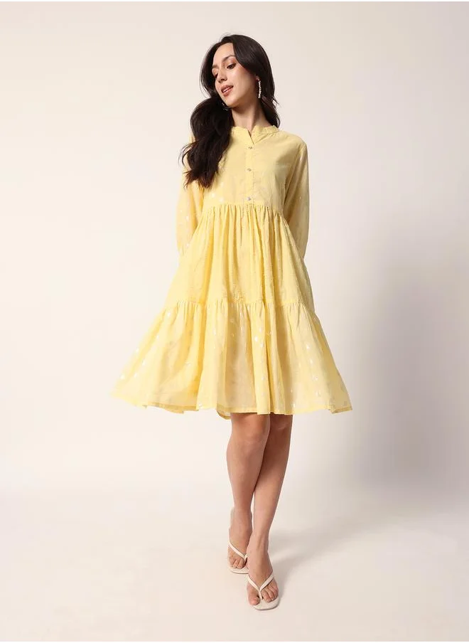 آي شين Women's Yellow Cotton Textured Mini Smock Regular Fit Dress