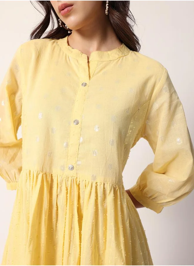 آي شين Women's Yellow Cotton Textured Mini Smock Regular Fit Dress