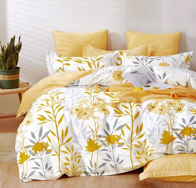 DUVET COVER KING SIZE 600 THREAD COUNT COTTON GREY BRANCHES AND YELLOW FLOWER REVERSIBLE COMFORTER COVERKING WHITE LEAF