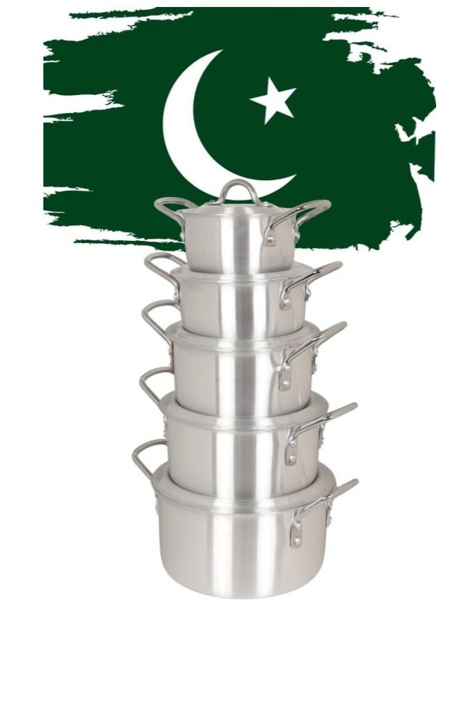 هوم فيو طقم قدور ألمنيوم باكستاني فاخر – 10 قطع ( خمسة قدور ) بمقابض قوية وأغطية محكمة - Image 1