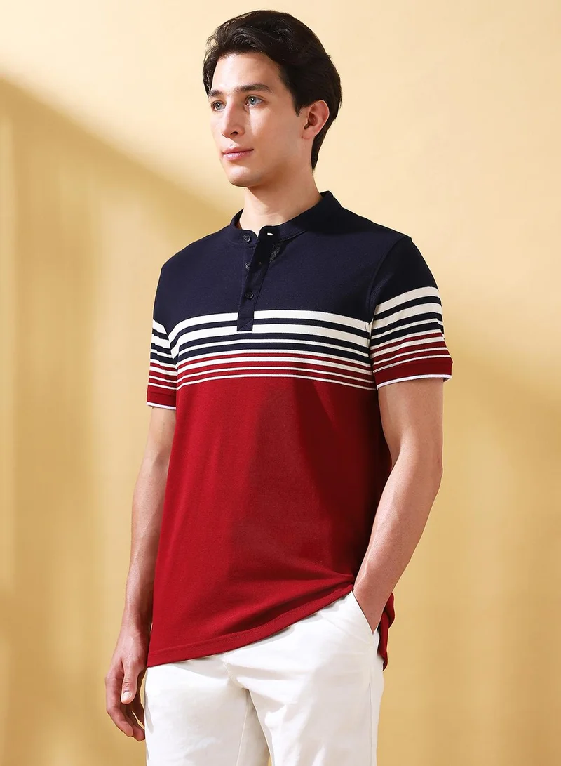 Dennis Lingo Men's Cabernet Cotton Striped Regular Fit T-Shirt
