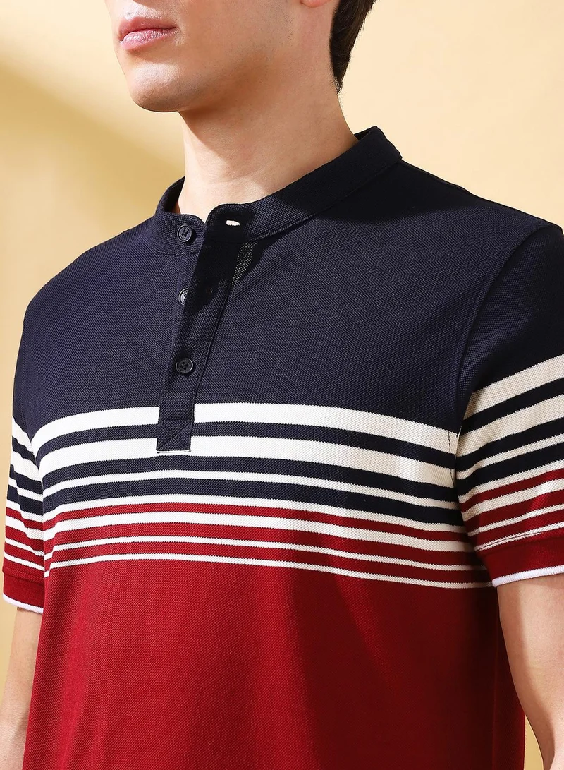 Dennis Lingo Men's Cabernet Cotton Striped Regular Fit T-Shirt
