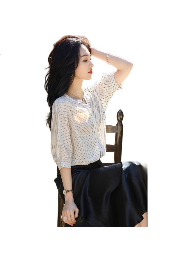 dme Boring Stripes】Summer Temperament V-Neck Spliced Shirt With Loose And Comfortable Sleeves Women'S Top - Image 3