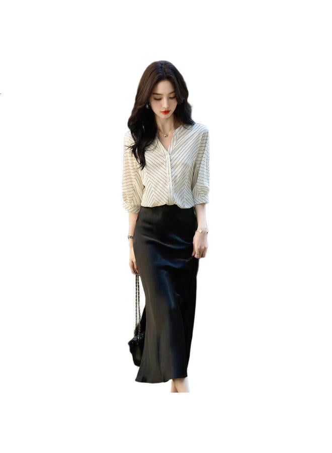 dme Boring Stripes】Summer Temperament V-Neck Spliced Shirt With Loose And Comfortable Sleeves Women'S Top - Image 2