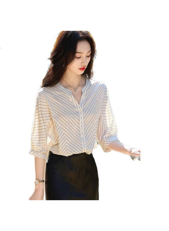 dme Boring Stripes】Summer Temperament V-Neck Spliced Shirt With Loose And Comfortable Sleeves Women'S Top - Image 1