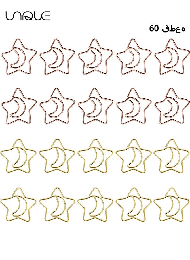 Unique 60 Pcs Moonstar Shape Paper Clips with Clear Box - Rose Gold and Yellow Gold - Funny Cute Paperclips Bookmarks Planner Clips for Fun Office Supplies School Gifts Wedding Decoration  - Image 1