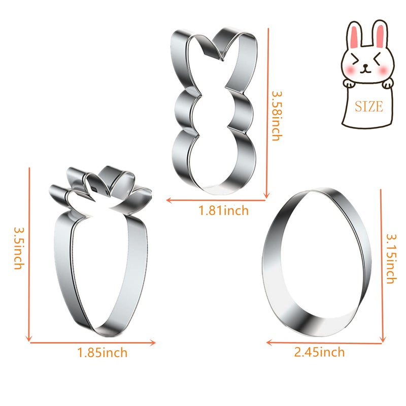 Q-BAKER Easter Cookie Cutters, 3 Pieces Carrot Egg Bunny Rabbite Shapes Metal Cookie Cutters Stainless Steel Sets Holiday Themed Baking Kit - Image 2
