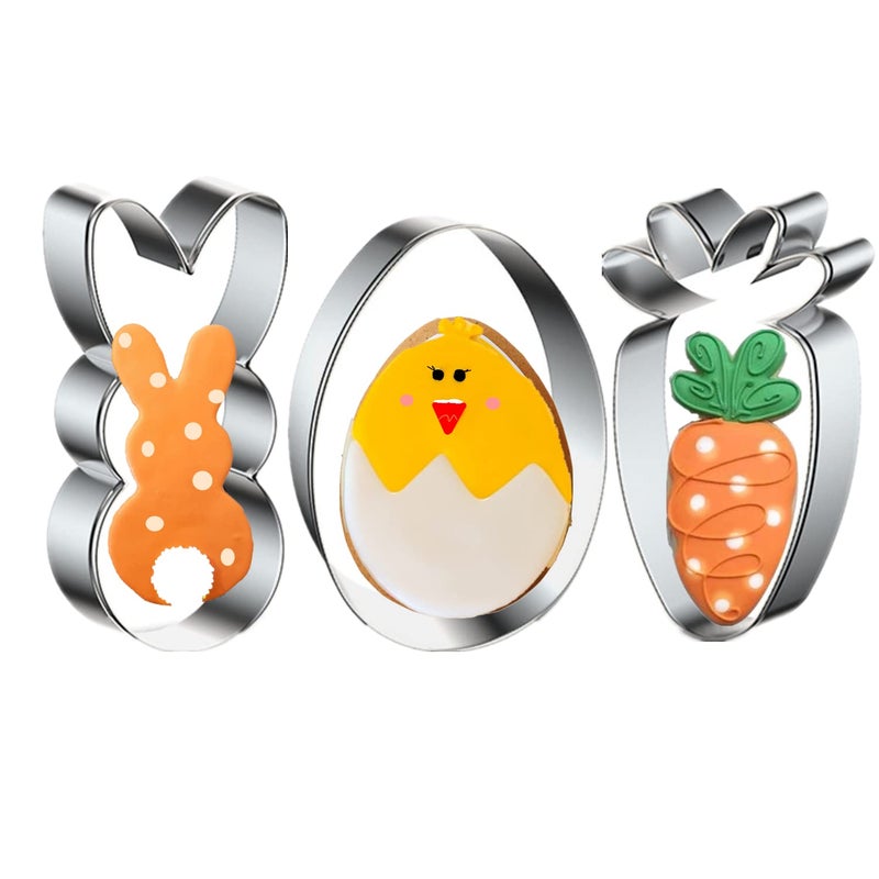 Q-BAKER Easter Cookie Cutters, 3 Pieces Carrot Egg Bunny Rabbite Shapes Metal Cookie Cutters Stainless Steel Sets Holiday Themed Baking Kit - Image 1