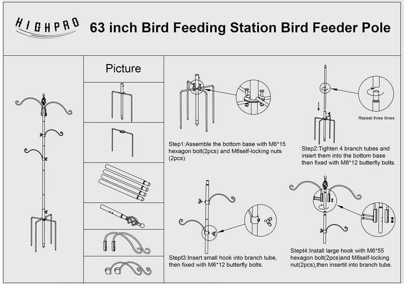 Highpro Bird Feeding Station Feeder Pole - Multi Hook 63 inches Stand for Watching Attracting Wild Bird Outdoor Hanging Pole by Highpro, 5-Prong Anchor Base - Image 4