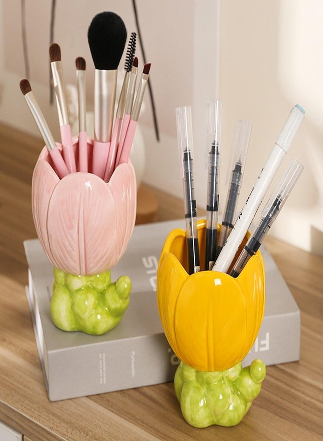 WONIU Cute Pencil Holder Flower Ceramic Pen Cup Desk Organizer for Home Office, Yellow - Image 3