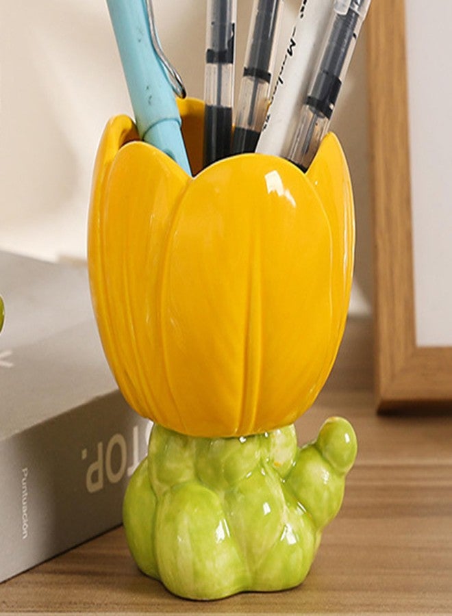 WONIU Cute Pencil Holder Flower Ceramic Pen Cup Desk Organizer for Home Office, Yellow - Image 2