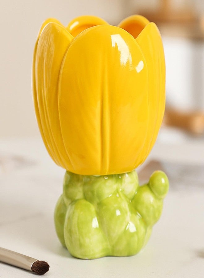 WONIU Cute Pencil Holder Flower Ceramic Pen Cup Desk Organizer for Home Office, Yellow - Image 4