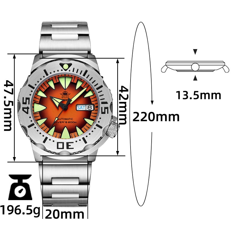 ADDIESDIVE ساعة أوتوماتيكية للرجال من ADDIESDIVE مصنوعة من الفولاذ المقاوم للصدأ غاطس 200 م بساعة يد زجاج صناعي زجاجي برتقالي AD2103 - Image 3