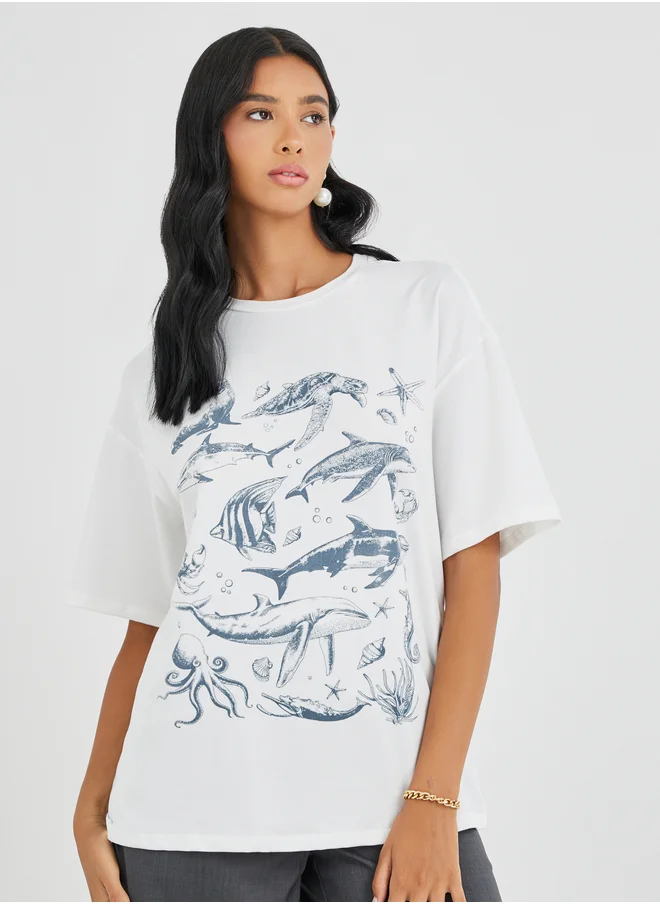تايك تو Take Two Graphic Print Round Neck Oversized T-Shirt