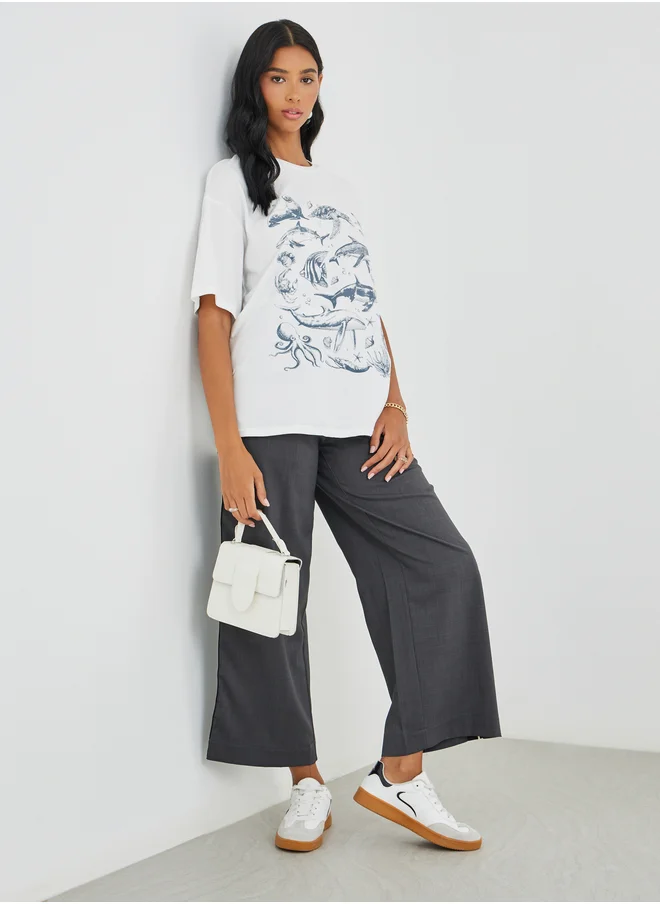 تايك تو Take Two Graphic Print Round Neck Oversized T-Shirt