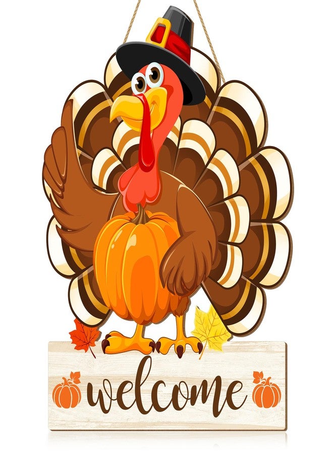CIOEY Thanksgiving Turkey Door Sign Decorations, Fall Welcome Wooden Hanging Sign, Give Thanks Wood Vintage Pumpkin Rustic Autumn Harvest Wall Plaque Wreath Hanger Decor for Home Yard Porch - Image 1