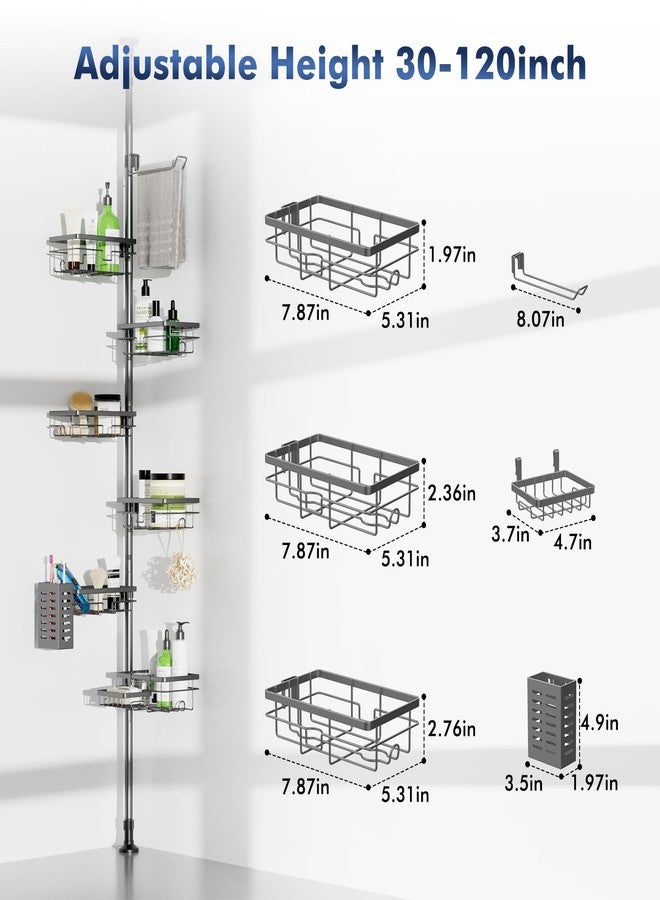 Vatex Shower Caddy Corner Tension Pole,30-120 Inch Adjustable Shower Shelves, 6-Tier Bathroom Organizer with Towel Rack/Toothbrush Holder, Bath Tension Rod Rack,Gray - Image 5