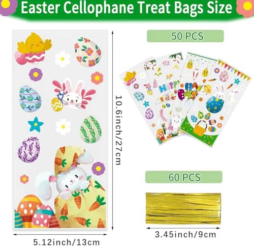 QOIUSO Easter Cellophane Treat Bags - 5x11 in Clear Cellophane Candy Bags with Twist Ties - 2.8 Mil Thick 50 Pcs Happy Easter Goodie Bags for Cookies, Snacks, Party Favors & Gift Packaging - Image 2