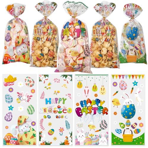QOIUSO Easter Cellophane Treat Bags - 5x11 in Clear Cellophane Candy Bags with Twist Ties - 2.8 Mil Thick 50 Pcs Happy Easter Goodie Bags for Cookies, Snacks, Party Favors & Gift Packaging - Image 1