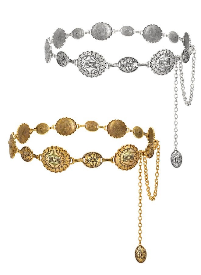 WERFORU 2 Pack Western Concho Belts for Women Metal Chain Belts for Jeans Cowgirl Waist Chain Concert Outfit - Image 1