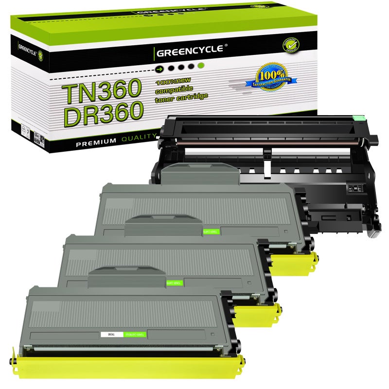 greencycle TN360 Toner Cartridges and DR360 Drum Set Compatible for Brother TN360 TN330 DR360 Work with MFC734074407840 HL2170W2140 MFC7840W7340 Series Printer 1 Drum 3 Toner