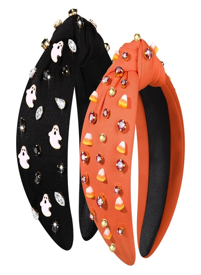 YAHPERN 2PCS Halloween Headbands for Women Halloween Accessories Spooky Pumpkin Candy Corn Ghost Knotted Headband Embellished Rhinestone Wide Top Knot Headband halloween Outfits Gifts - Image 1