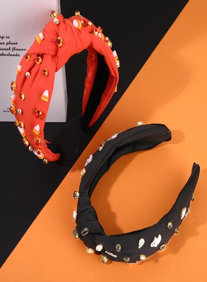 YAHPERN 2PCS Halloween Headbands for Women Halloween Accessories Spooky Pumpkin Candy Corn Ghost Knotted Headband Embellished Rhinestone Wide Top Knot Headband halloween Outfits Gifts - Image 3