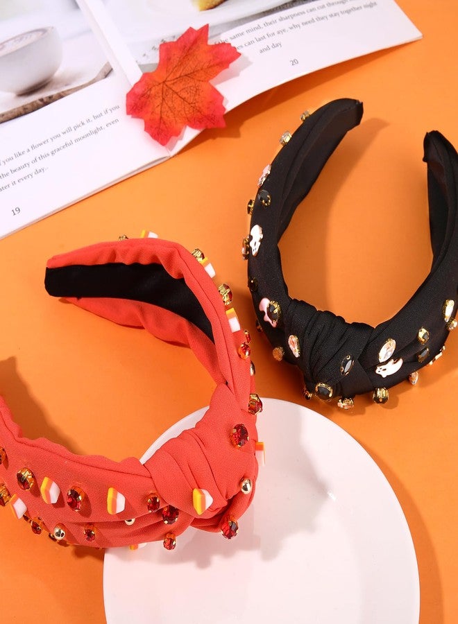 YAHPERN 2PCS Halloween Headbands for Women Halloween Accessories Spooky Pumpkin Candy Corn Ghost Knotted Headband Embellished Rhinestone Wide Top Knot Headband halloween Outfits Gifts - Image 4