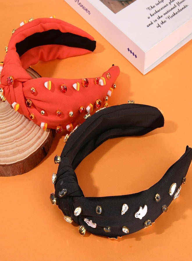 YAHPERN 2PCS Halloween Headbands for Women Halloween Accessories Spooky Pumpkin Candy Corn Ghost Knotted Headband Embellished Rhinestone Wide Top Knot Headband halloween Outfits Gifts - Image 5