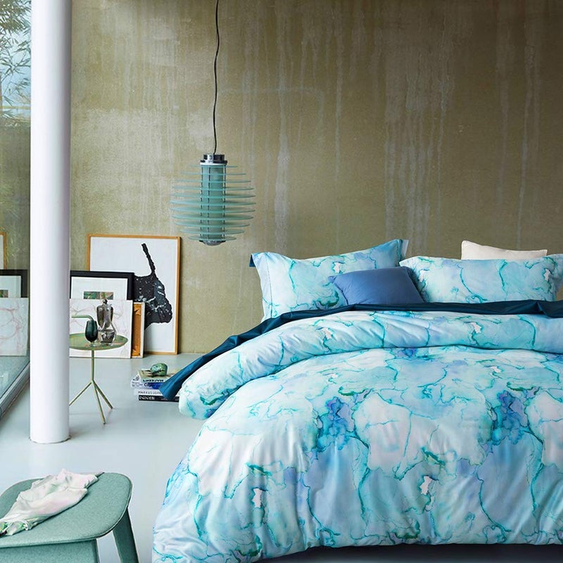 MILDLY Duvet Cover Set Queen Size 100 Egyptian Cotton Aqua White Watercolor Marble Pattern Comforter Cover Set Printed Solid Color Reversible Soft Breathable Bedding Set