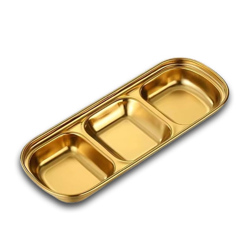 Yopple Golden Stainless Steel Sauce Dish with 3 Compartments, Divided Platter for Soy, Chutney, Spices, Pickles, Elegant Dip Bowl Set for Home, Dining, and Parties - Image 1