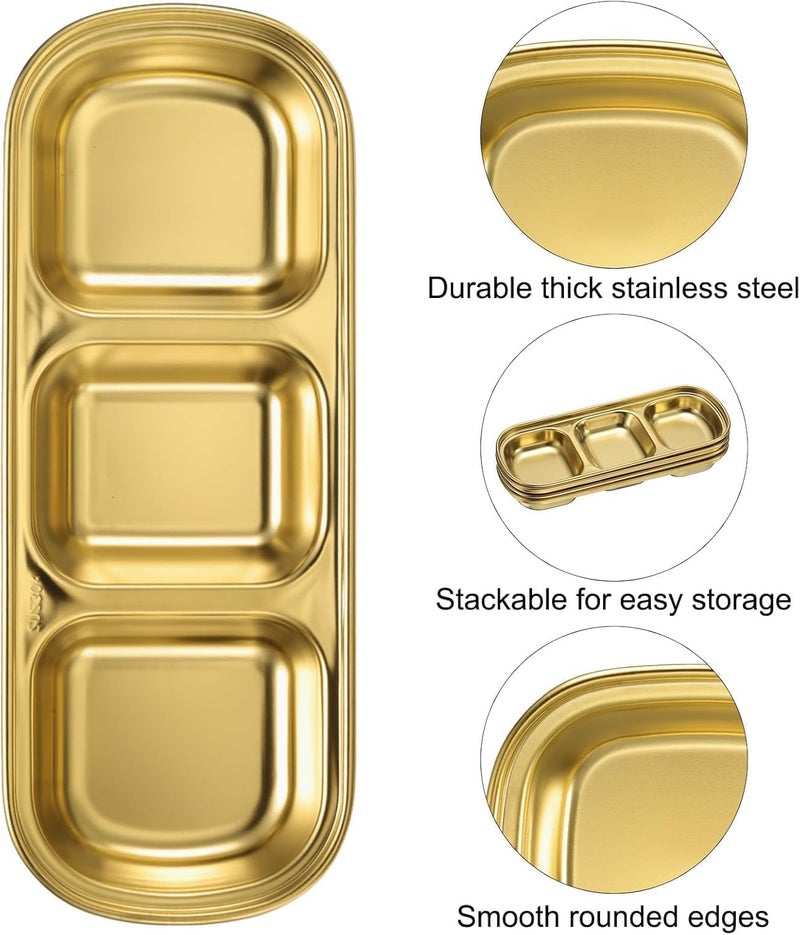 Yopple Golden Stainless Steel Sauce Dish with 3 Compartments, Divided Platter for Soy, Chutney, Spices, Pickles, Elegant Dip Bowl Set for Home, Dining, and Parties - Image 2