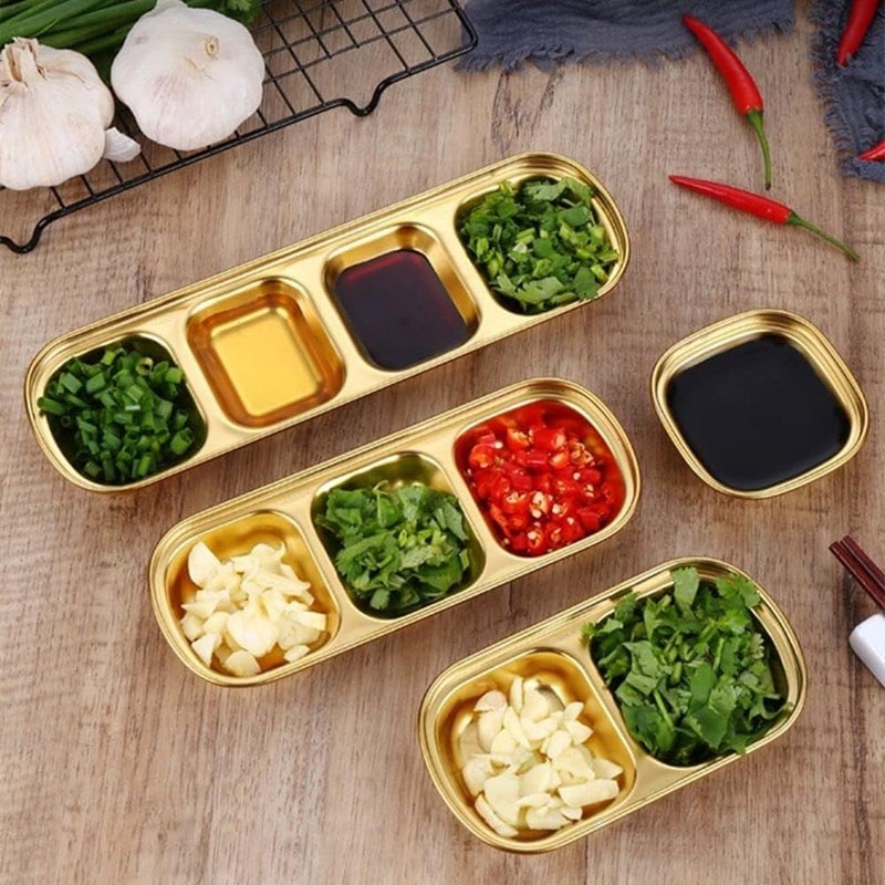 Yopple Golden Stainless Steel Sauce Dish with 3 Compartments, Divided Platter for Soy, Chutney, Spices, Pickles, Elegant Dip Bowl Set for Home, Dining, and Parties - Image 3