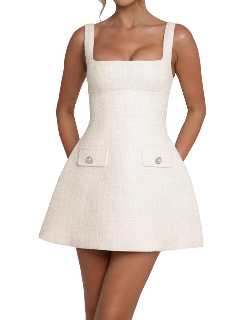 SHESEEWORLD Women's Sleeveless Tank Dress Square Neck Adjustable Straps Backless Mini Dress White - Image 2