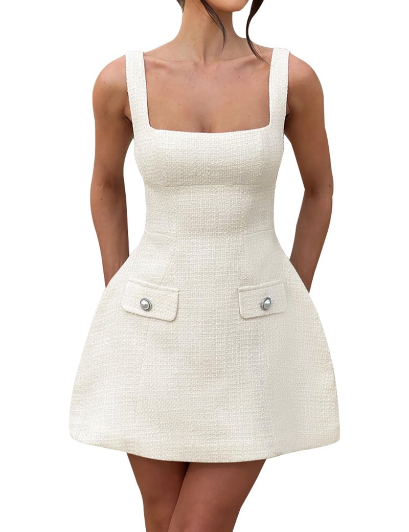 SHESEEWORLD Women's Sleeveless Tank Dress Square Neck Adjustable Straps Backless Mini Dress White - Image 1