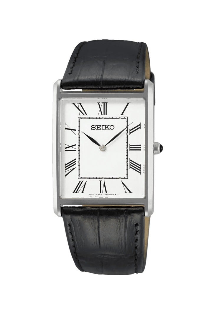Seiko SWR049P1 Rectangular Quartz Watch with Black Leather Strap Men's Watch - Image 1