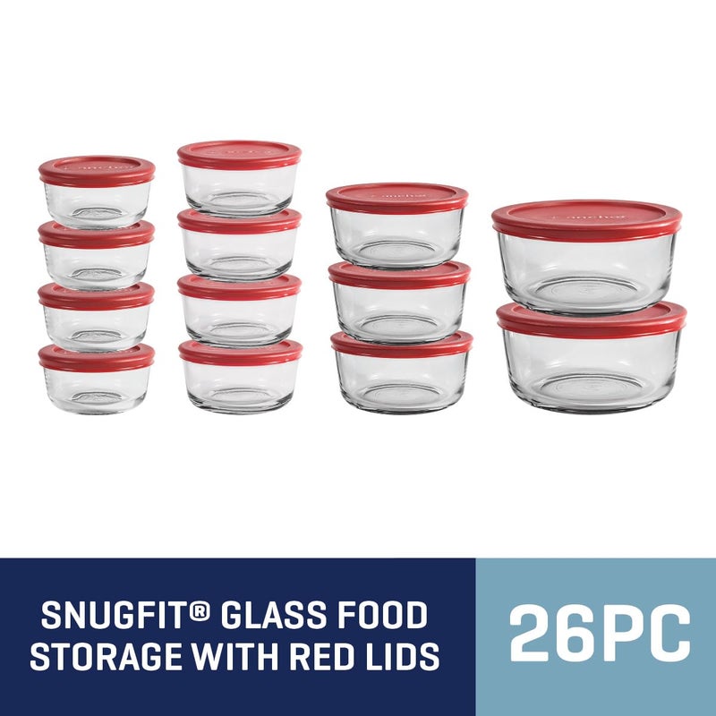 Anchor Hocking 26 Piece Glass Storage Containers with Lids (13 Glass Food Storage Containers & 13 Red SnugFit Lids) - Image 4