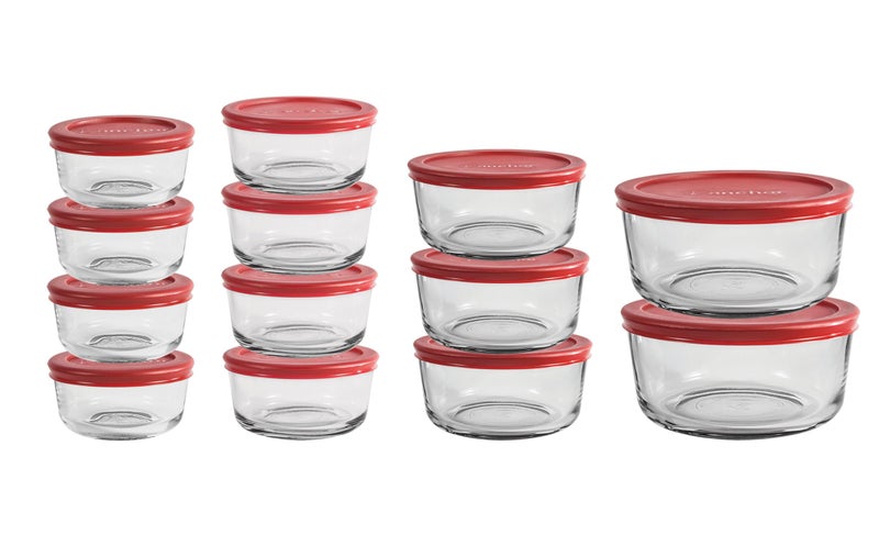 Anchor Hocking 26 Piece Glass Storage Containers with Lids (13 Glass Food Storage Containers & 13 Red SnugFit Lids) - Image 1