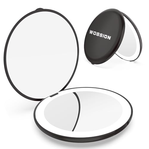 WOBSION Travel Compact Mirror,Portable 1x/10x LED Makeup Mirror with Magnification,Handheld 2-Sided Pocket Mirror, 3.5in Small Mirror for Purse,Handbag,Gift,Black - Image 1