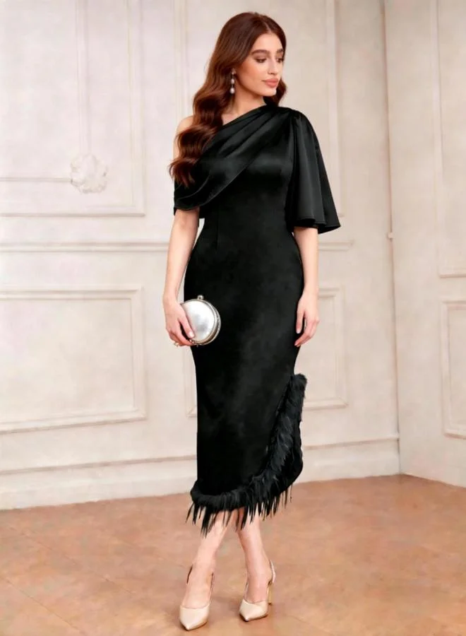 Take Two Black One Shoulder Tassel Detail Hem Midi Dress