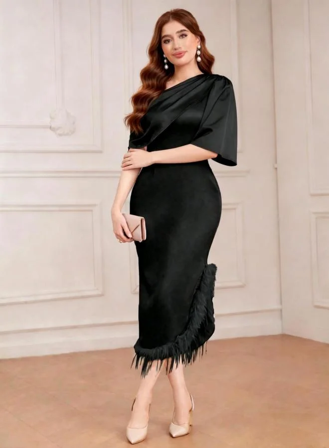 Take Two Black One Shoulder Tassel Detail Hem Midi Dress